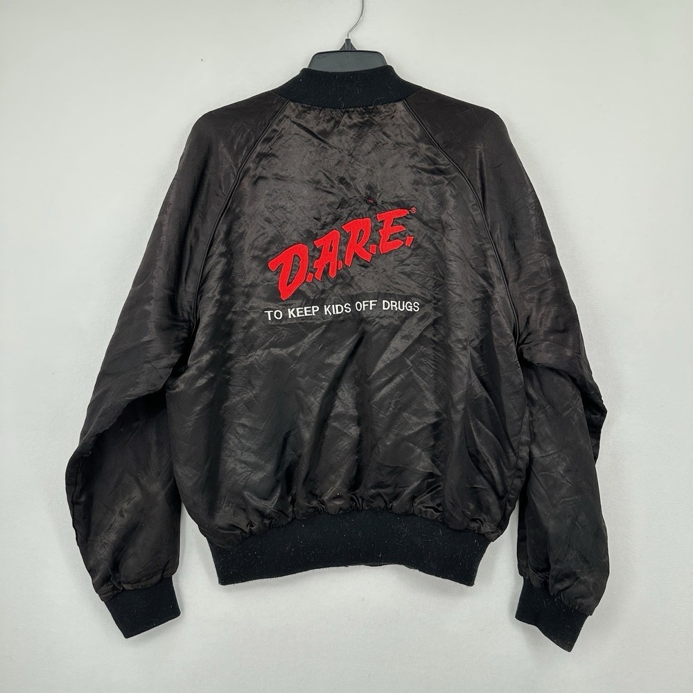 VTG DARE To Keep Kids Off Drugs Satin Black Bomber Jacket Mens‎ XL Streetwear